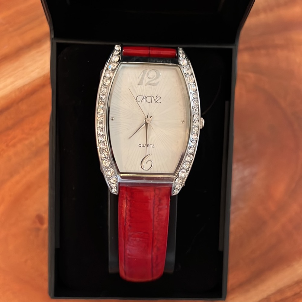 Nwot Cache Red/ Silver Watch With Genuine Leather… - image 1